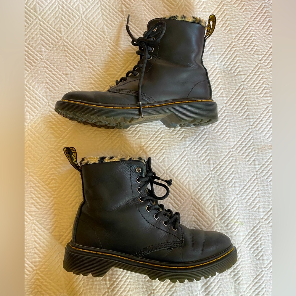 Kids Dr. Martens Air Wair Cushion Sole Black Leather Cheetah Boots